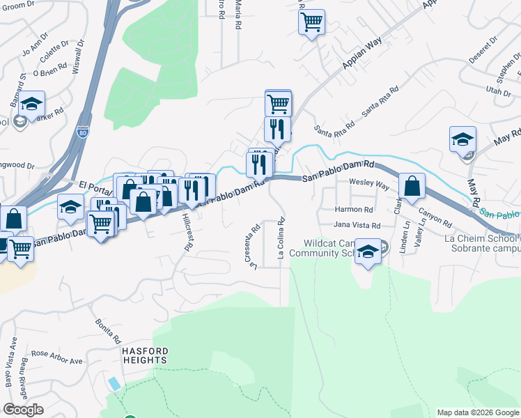 map of restaurants, bars, coffee shops, grocery stores, and more near 3979 La Cresenta Road in El Sobrante