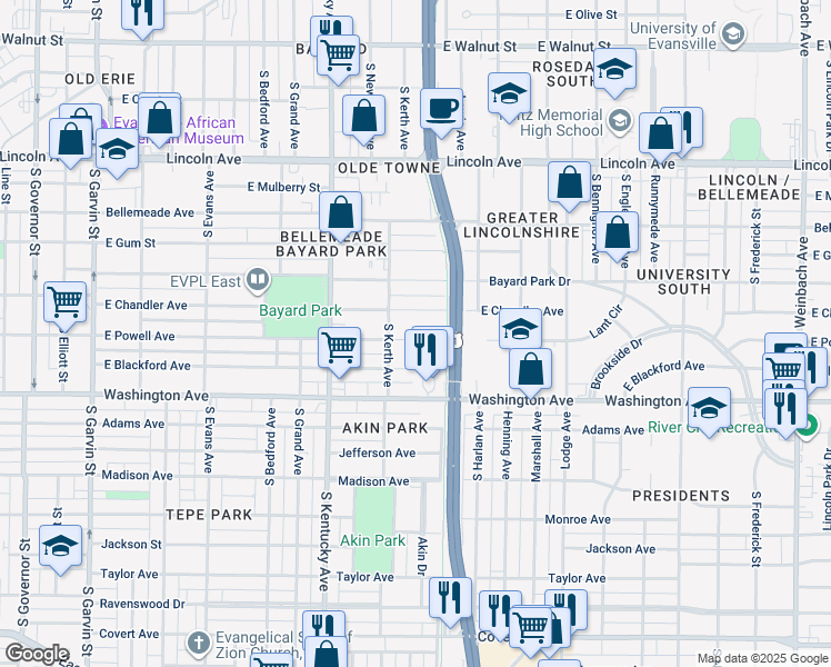 map of restaurants, bars, coffee shops, grocery stores, and more near 1120 East Powell Avenue in Evansville