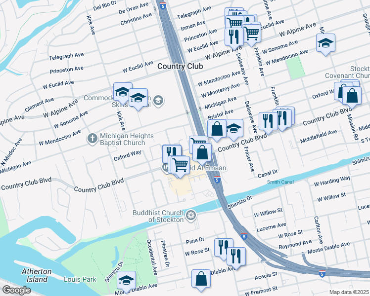 map of restaurants, bars, coffee shops, grocery stores, and more near 2733 Country Club Boulevard in Stockton