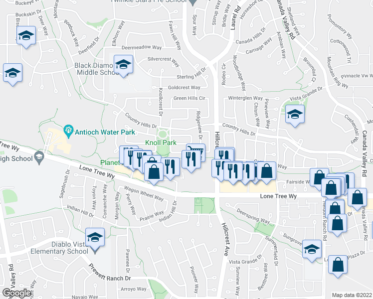 map of restaurants, bars, coffee shops, grocery stores, and more near 4956 Ridgeview Drive in Antioch