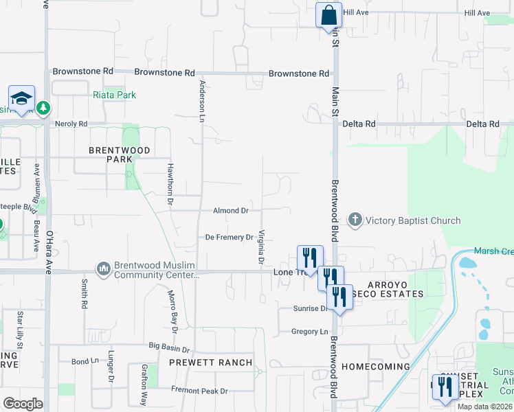 map of restaurants, bars, coffee shops, grocery stores, and more near 2741 Virginia Drive in Brentwood
