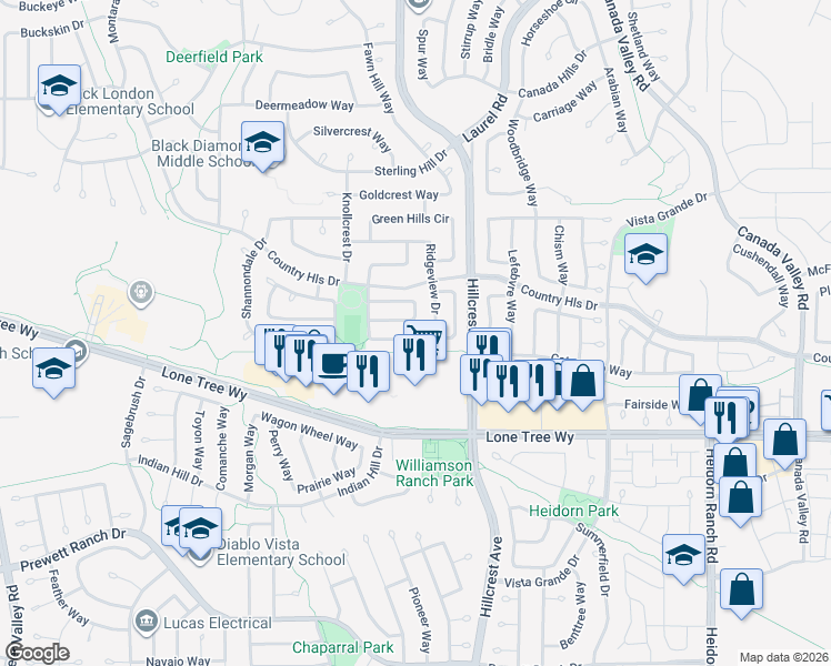 map of restaurants, bars, coffee shops, grocery stores, and more near 4946 Ridgeview Drive in Antioch