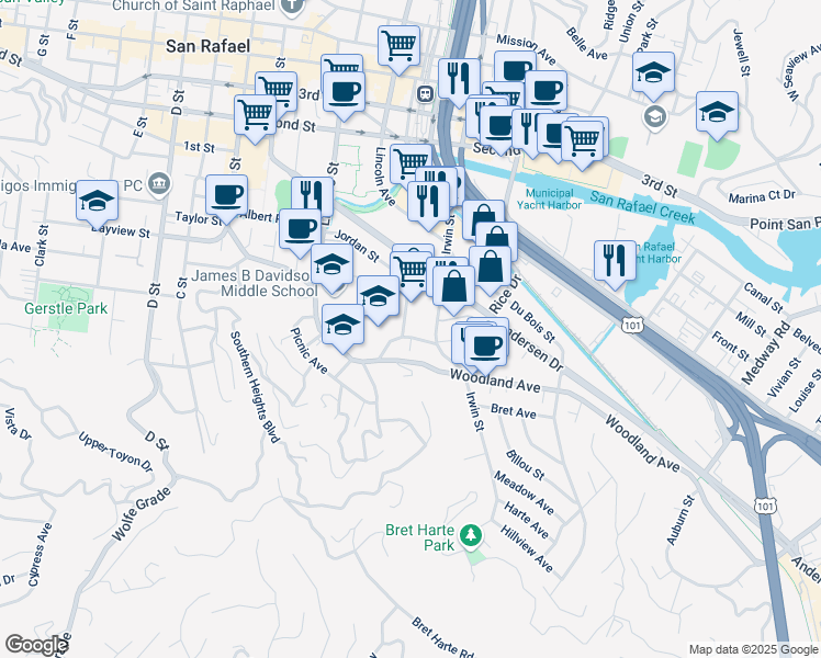 map of restaurants, bars, coffee shops, grocery stores, and more near 123 Jordan St in San Rafael