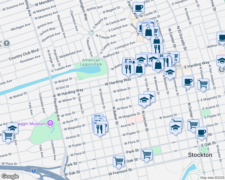 map of restaurants, bars, coffee shops, grocery stores, and more near 1422 North Baker Street in Stockton
