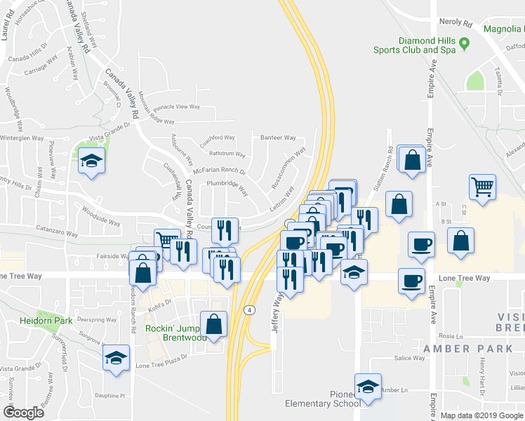 map of restaurants, bars, coffee shops, grocery stores, and more near 5612 Plumbridge Way in Antioch