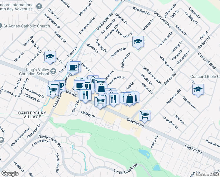 map of restaurants, bars, coffee shops, grocery stores, and more near 1500 Heartwood Drive in Concord
