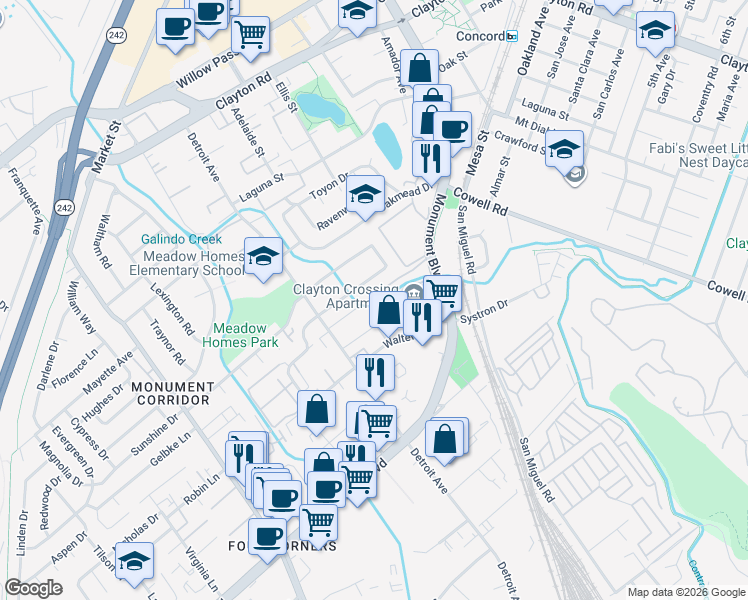 map of restaurants, bars, coffee shops, grocery stores, and more near 2534 Todd Avenue in Concord