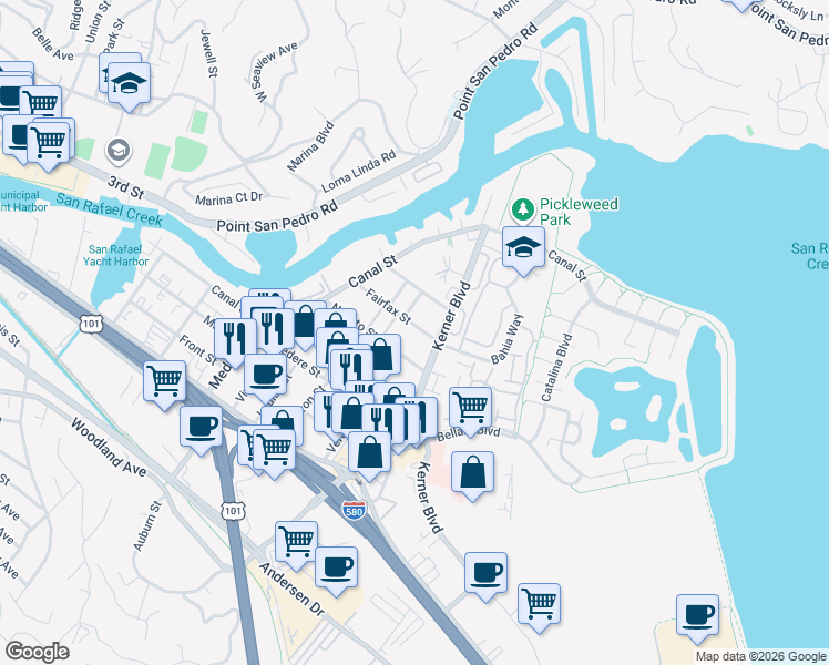 map of restaurants, bars, coffee shops, grocery stores, and more near 26 Fairfax Street in San Rafael