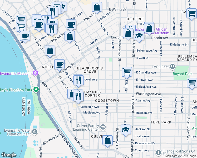 map of restaurants, bars, coffee shops, grocery stores, and more near 824 Southeast 826 Eighth Street in Evansville