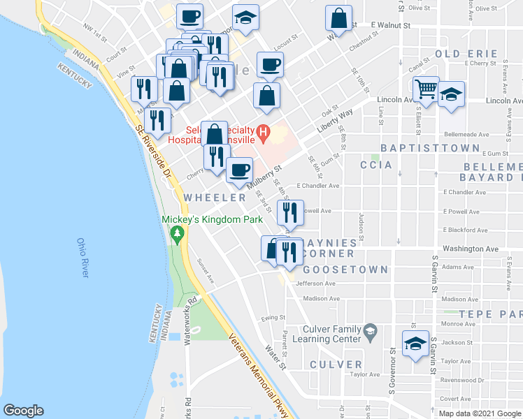 map of restaurants, bars, coffee shops, grocery stores, and more near 704 Southeast 3rd Street in Evansville