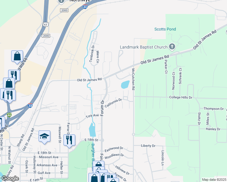 map of restaurants, bars, coffee shops, grocery stores, and more near 2020 Forum Drive in Rolla