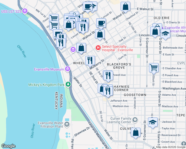map of restaurants, bars, coffee shops, grocery stores, and more near 202 Chandler Avenue in Evansville