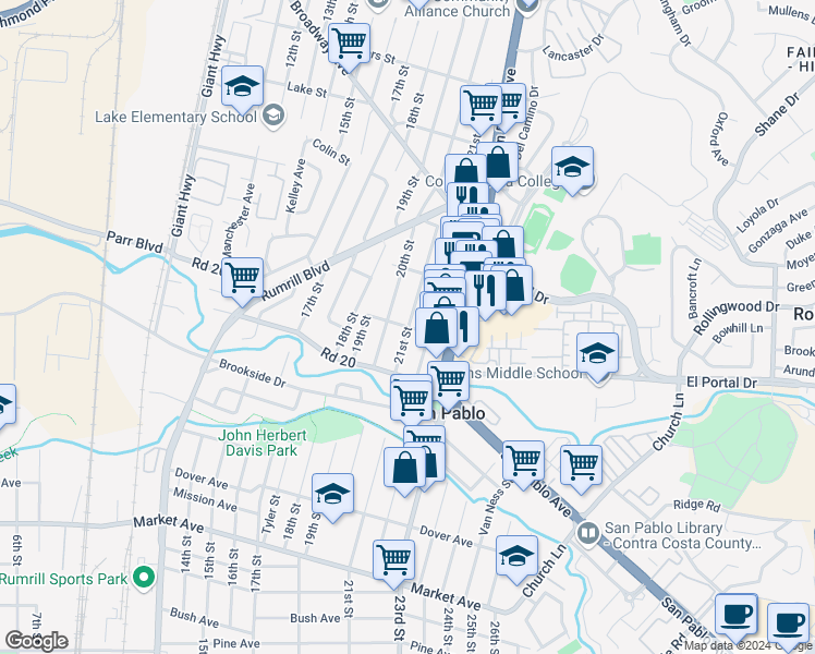 map of restaurants, bars, coffee shops, grocery stores, and more near 2099 Lovegrove Street in San Pablo