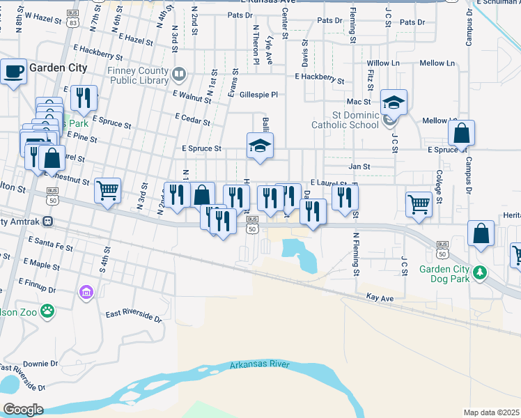 map of restaurants, bars, coffee shops, grocery stores, and more near 1110 East Chestnut Street in Garden City