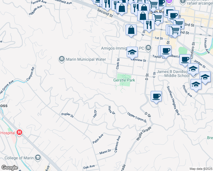 map of restaurants, bars, coffee shops, grocery stores, and more near 31 Estates Court in San Rafael