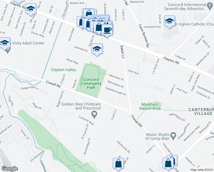 map of restaurants, bars, coffee shops, grocery stores, and more near 3701 Gainsborough Drive in Concord