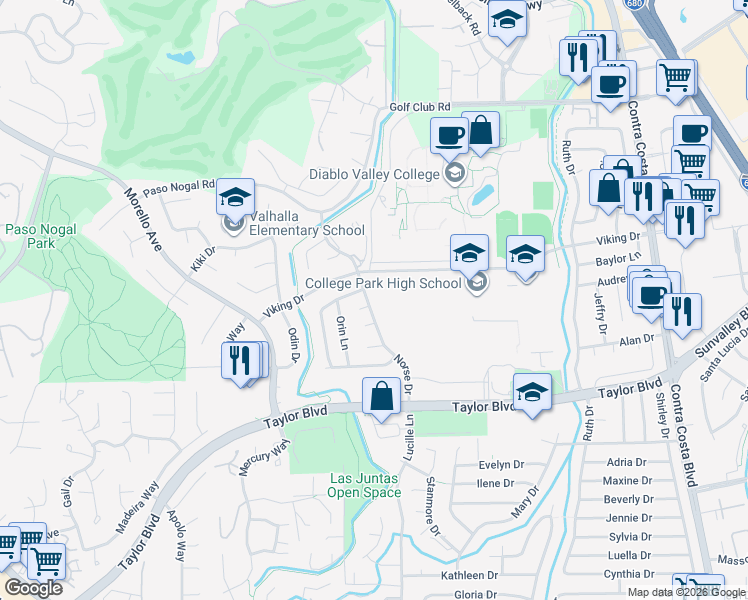 map of restaurants, bars, coffee shops, grocery stores, and more near 2135 Norse Drive in Pleasant Hill