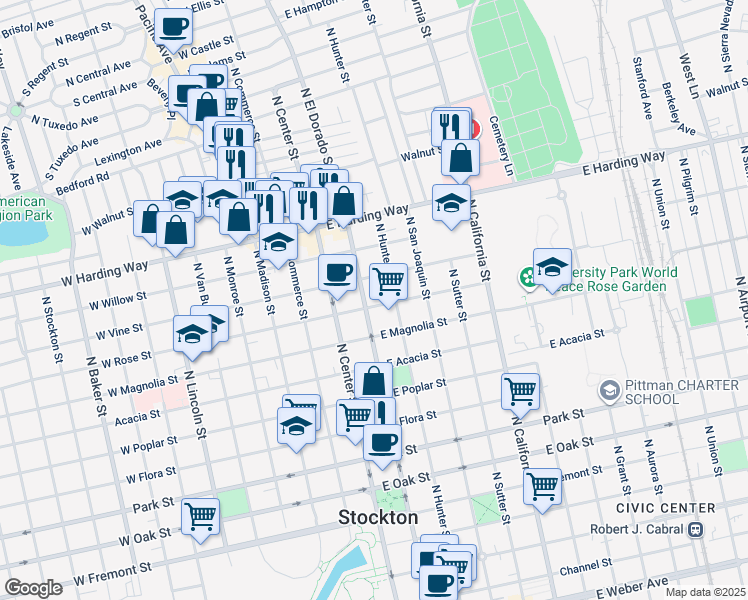 map of restaurants, bars, coffee shops, grocery stores, and more near 115 East Rose Street in Stockton