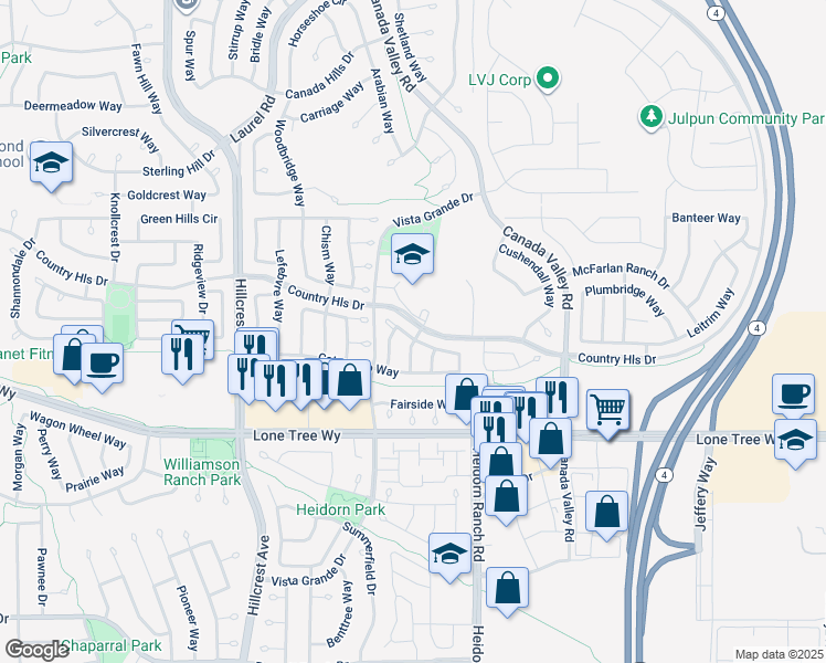 map of restaurants, bars, coffee shops, grocery stores, and more near 5239 Woodside Way in Antioch