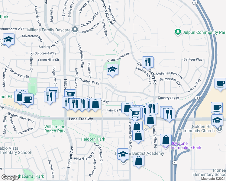 map of restaurants, bars, coffee shops, grocery stores, and more near 5239 Woodside Way in Antioch