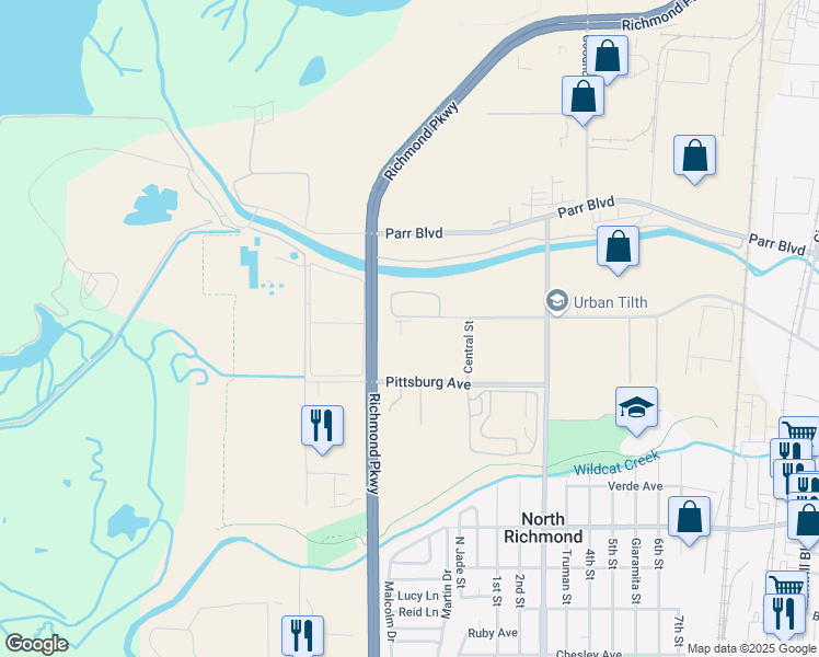 map of restaurants, bars, coffee shops, grocery stores, and more near 2266 Central Street in Richmond