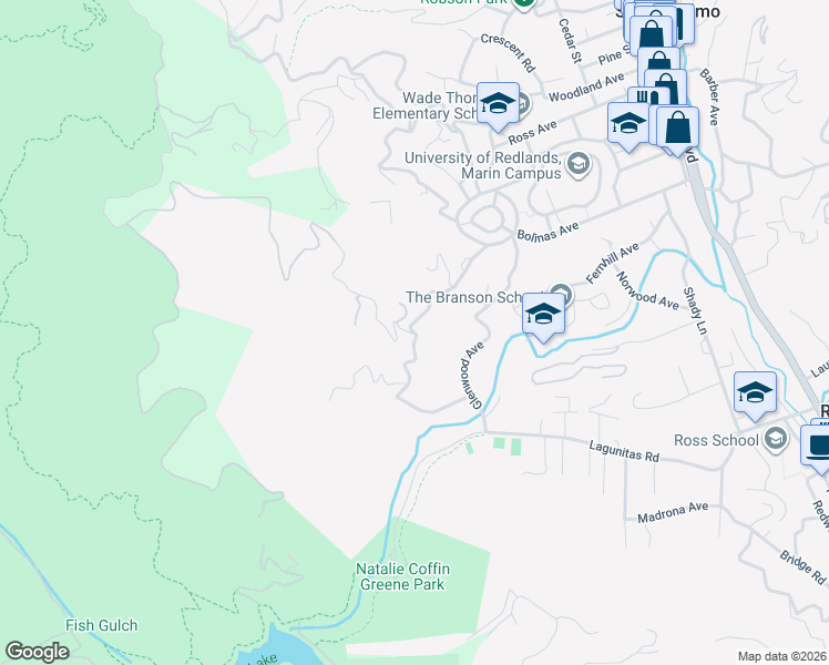 map of restaurants, bars, coffee shops, grocery stores, and more near 40 Upper Road West in San Anselmo