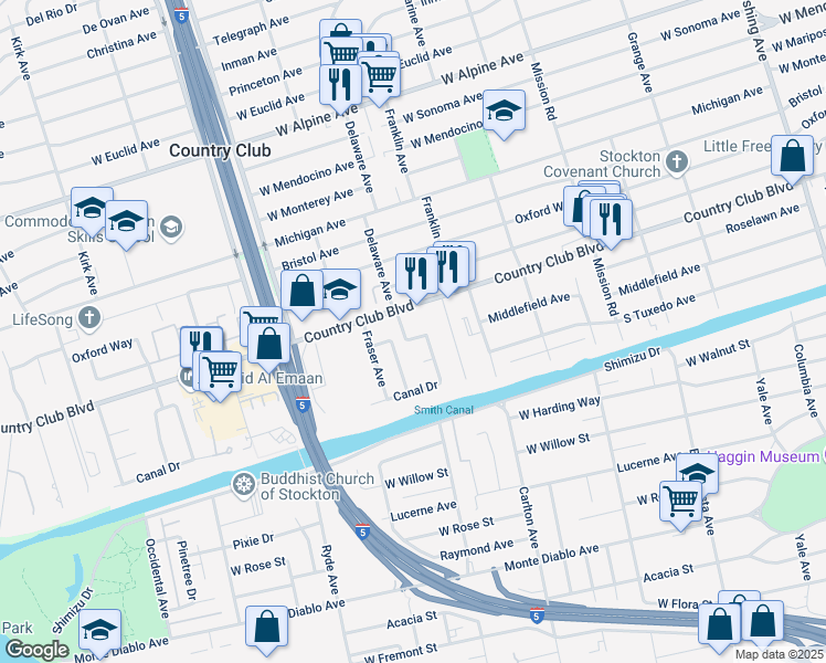 map of restaurants, bars, coffee shops, grocery stores, and more near 2342 Clipper Lane in Stockton