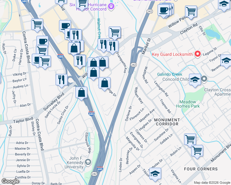 map of restaurants, bars, coffee shops, grocery stores, and more near 1301 Franquette Ave in Concord