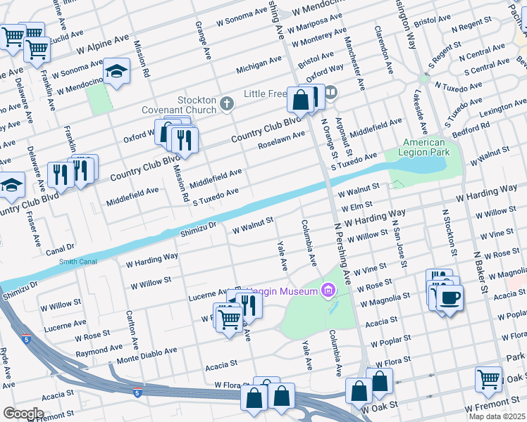 map of restaurants, bars, coffee shops, grocery stores, and more near 2001 Grange Avenue in Stockton