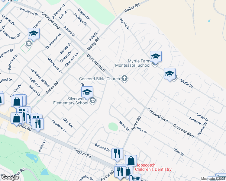 map of restaurants, bars, coffee shops, grocery stores, and more near 1770 Trailcreek Court in Concord