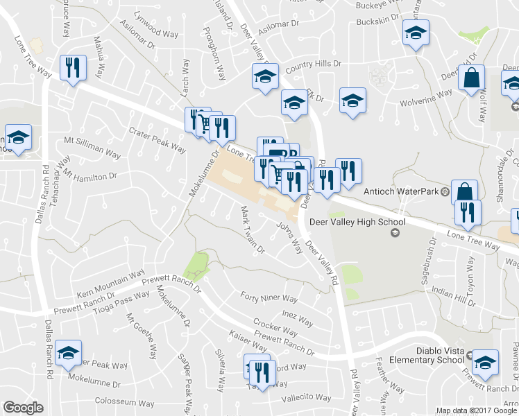 map of restaurants, bars, coffee shops, grocery stores, and more near 2313 Johns Court in Antioch