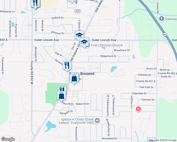 map of restaurants, bars, coffee shops, grocery stores, and more near 7944 Camp Brosend Road in Newburgh