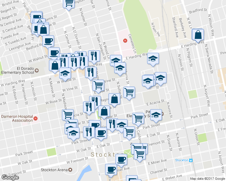 map of restaurants, bars, coffee shops, grocery stores, and more near 312 East Rose Street in Stockton