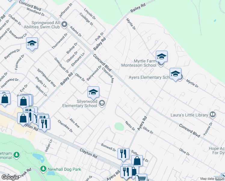 map of restaurants, bars, coffee shops, grocery stores, and more near 1730 Claycord Avenue in Concord