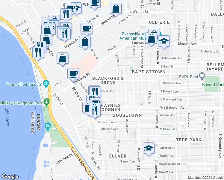 map of restaurants, bars, coffee shops, grocery stores, and more near 110 Powell Avenue in Evansville