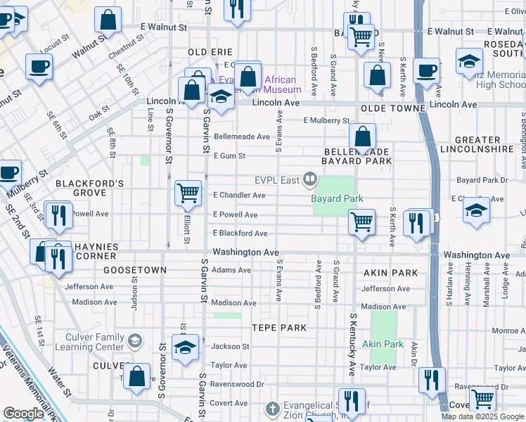 map of restaurants, bars, coffee shops, grocery stores, and more near 734 East Powell Avenue in Evansville