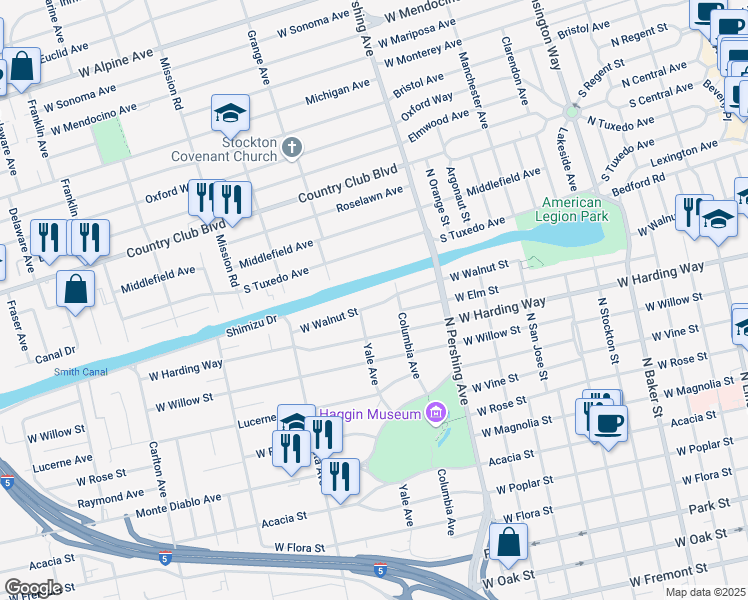 map of restaurants, bars, coffee shops, grocery stores, and more near 2 West Walnut Street in Stockton
