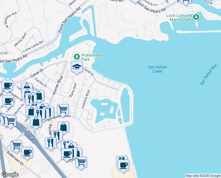 map of restaurants, bars, coffee shops, grocery stores, and more near 2 Narragansett Cove in San Rafael