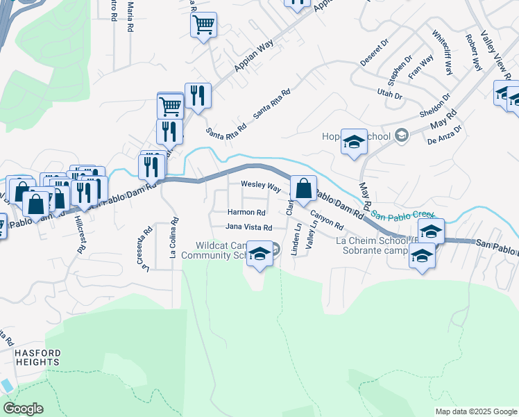 map of restaurants, bars, coffee shops, grocery stores, and more near 4347 Harmon Road in El Sobrante