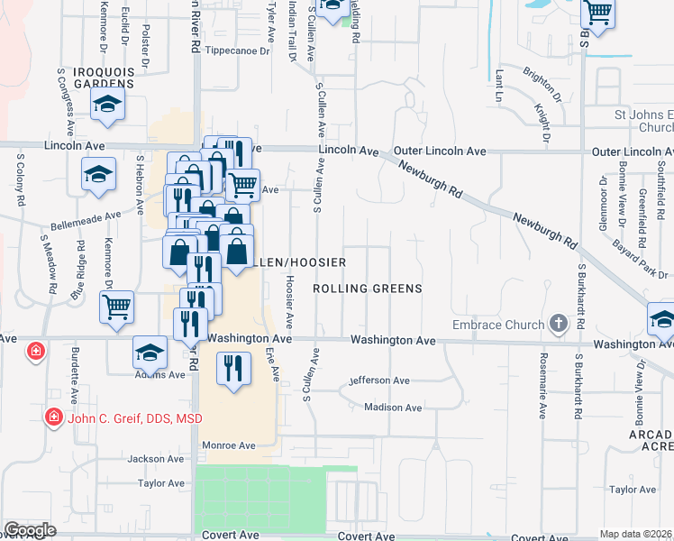 map of restaurants, bars, coffee shops, grocery stores, and more near 821 Irvin Avenue in Evansville
