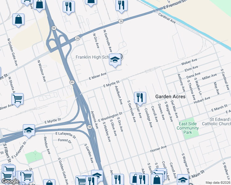 map of restaurants, bars, coffee shops, grocery stores, and more near 36 Adelbert Avenue in Stockton