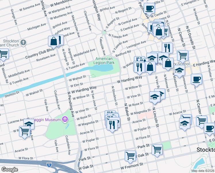 map of restaurants, bars, coffee shops, grocery stores, and more near 946 West Harding Way in Stockton