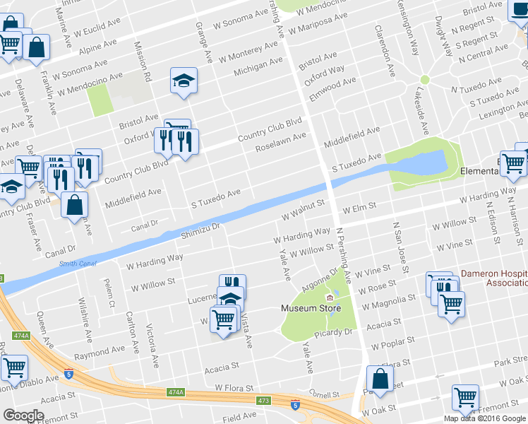 map of restaurants, bars, coffee shops, grocery stores, and more near 2001 Grange Avenue in Stockton