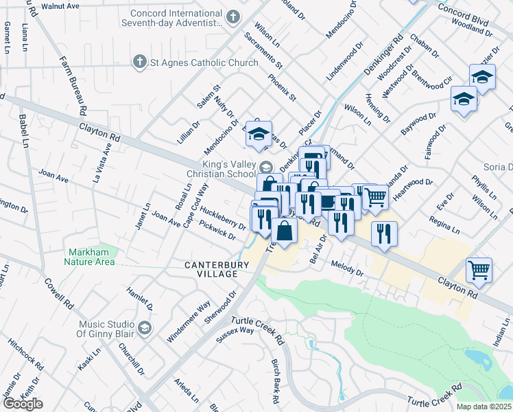 map of restaurants, bars, coffee shops, grocery stores, and more near 4260 Clayton Road in Concord