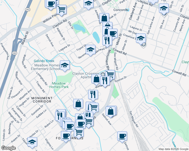 map of restaurants, bars, coffee shops, grocery stores, and more near 2558 Todd Avenue in Concord