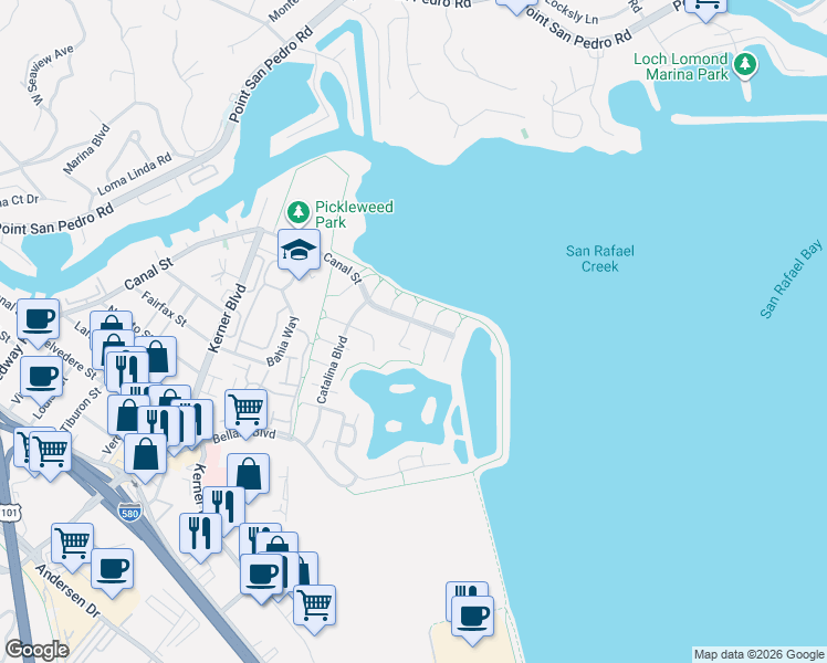 map of restaurants, bars, coffee shops, grocery stores, and more near 2 Narragansett Cove in San Rafael