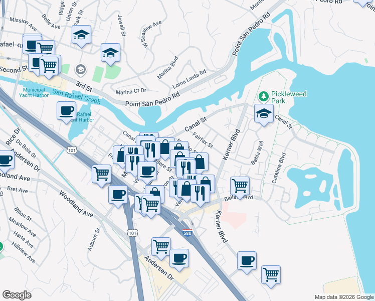 map of restaurants, bars, coffee shops, grocery stores, and more near 169 Novato Street in San Rafael