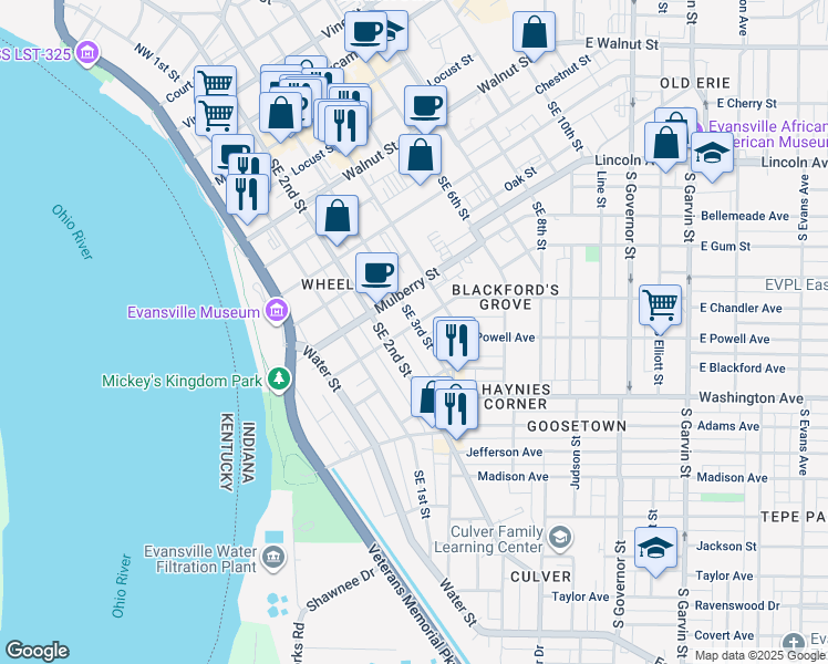 map of restaurants, bars, coffee shops, grocery stores, and more near 704 Southeast 3rd Street in Evansville