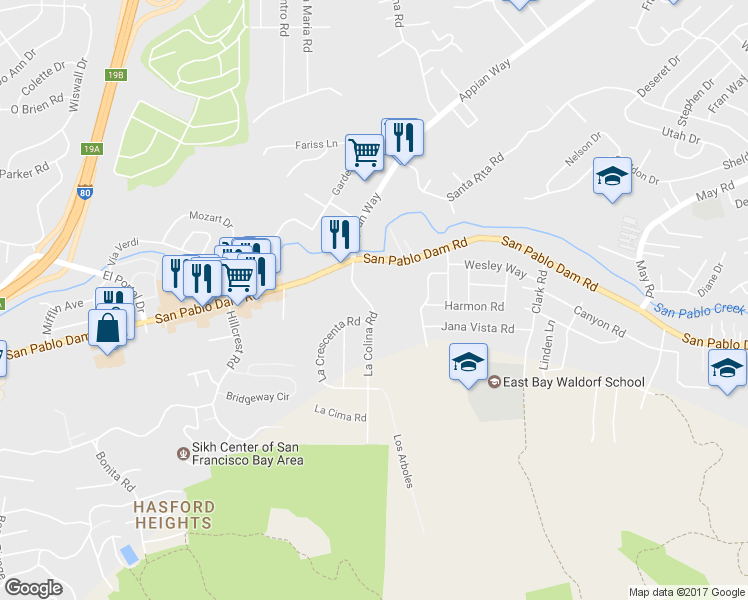map of restaurants, bars, coffee shops, grocery stores, and more near 4010 La Colina Road in El Sobrante