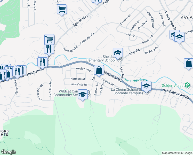 map of restaurants, bars, coffee shops, grocery stores, and more near 4520 Canyon Road in El Sobrante